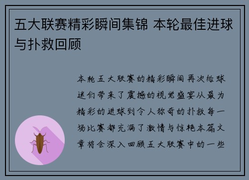 五大联赛精彩瞬间集锦 本轮最佳进球与扑救回顾