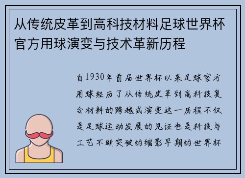 从传统皮革到高科技材料足球世界杯官方用球演变与技术革新历程