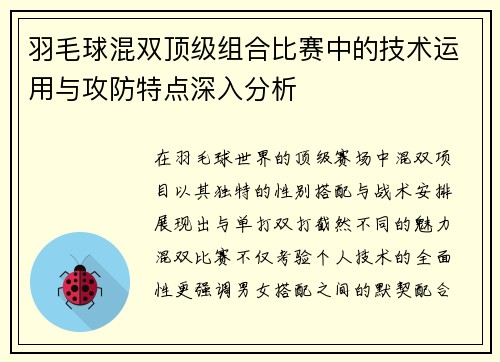 羽毛球混双顶级组合比赛中的技术运用与攻防特点深入分析 羽毛球混双顶级组合比赛中的技术运用与攻防特点深入分析